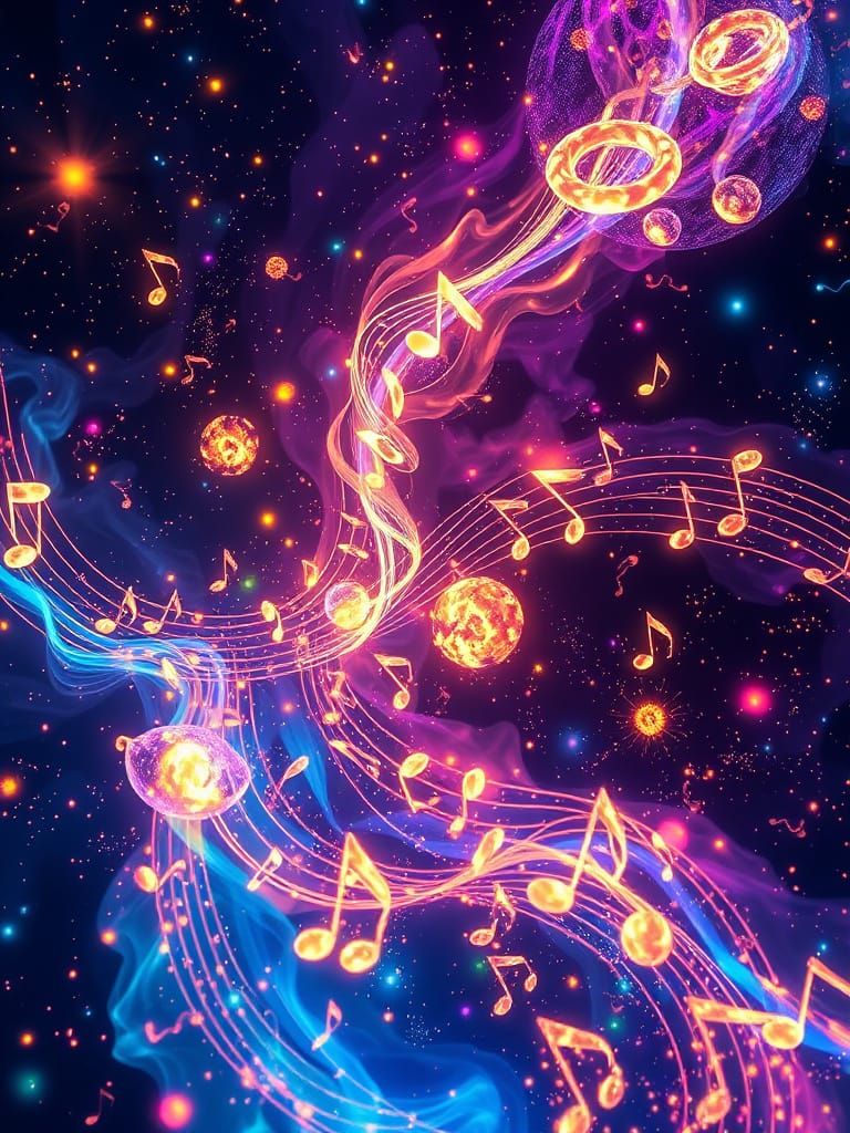 Bioluminescent Music Notes in Cosmic Rainbow Nebula