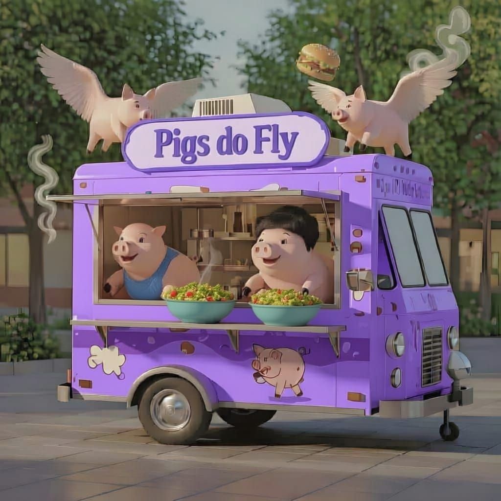Whimsical Flying Pig Food Truck Dispensing Sandwiches and So...