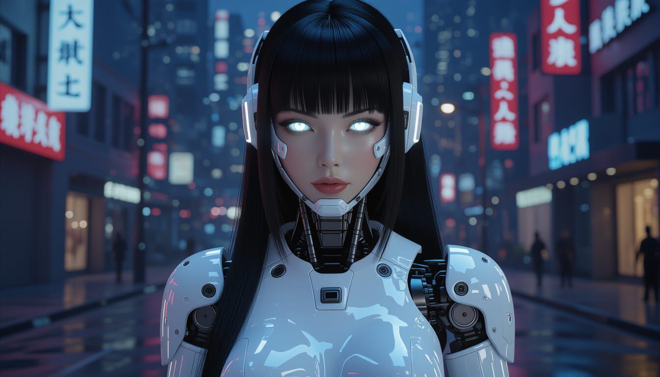 Glamorous Gynoid in Cyberpunk Cityscape