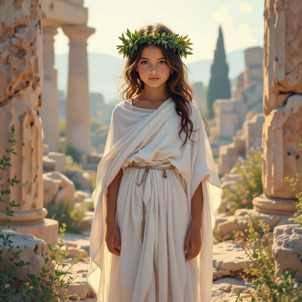 Greek Goddess Girl in Ruins: Matte Painting Style