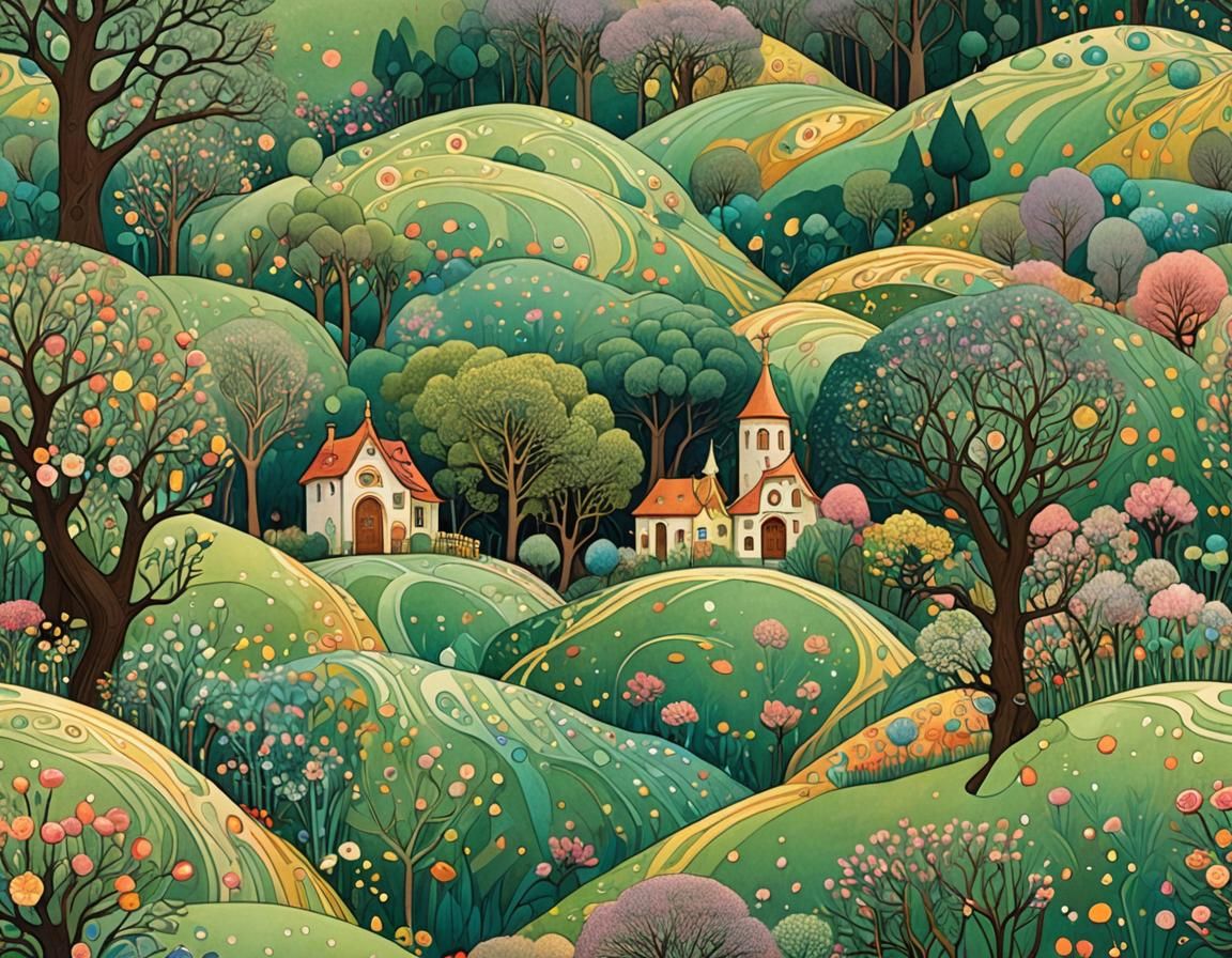 Pastel Easter Landscape in Art Deco Style