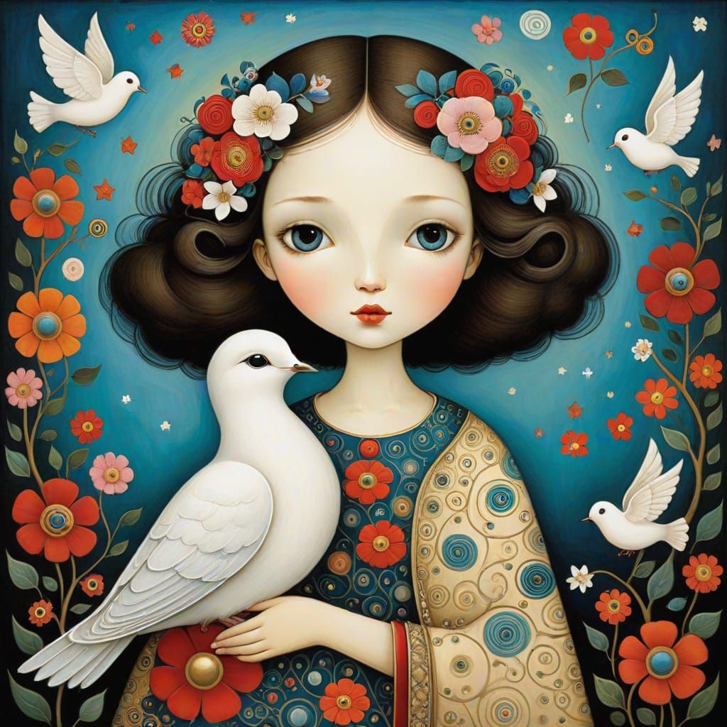 Whimsical Art Brut Scene with Dove and Young Girl