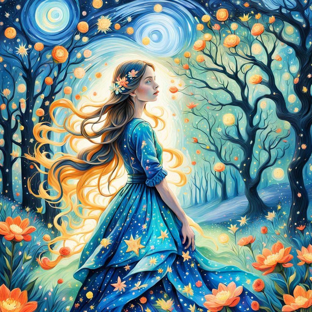 Girl in Mirror Under Starry Night, Surreal Oil Painting