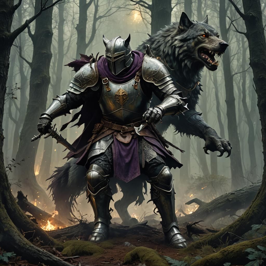 Knight Versus Wolf in Gloomy Forest