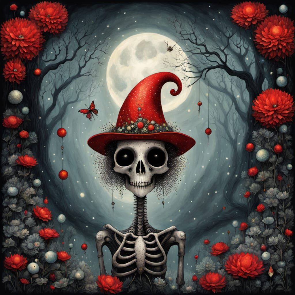 Skeleton in Red Christmas Hat with Heart and Spider Ornament...