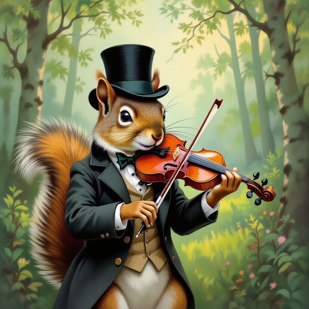 Squirrel Musician in Impressionist Forest Oil Painting