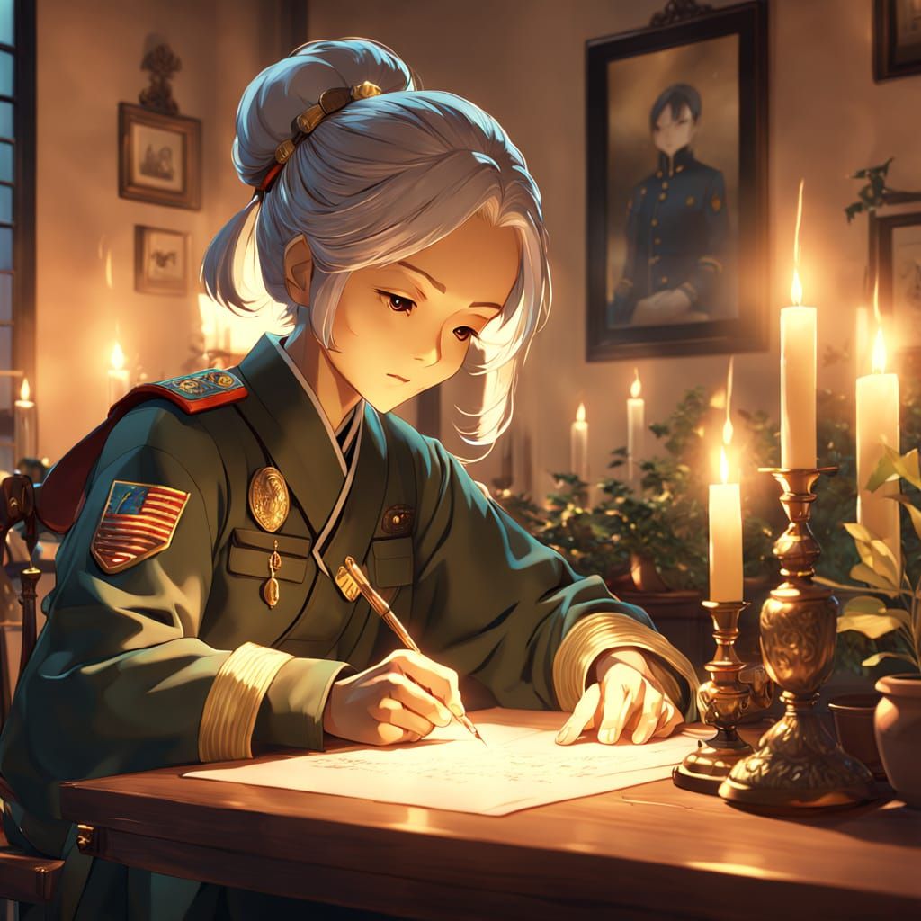 Serene Elderly Woman Writes by Candlelight in Soft Studio Gh...