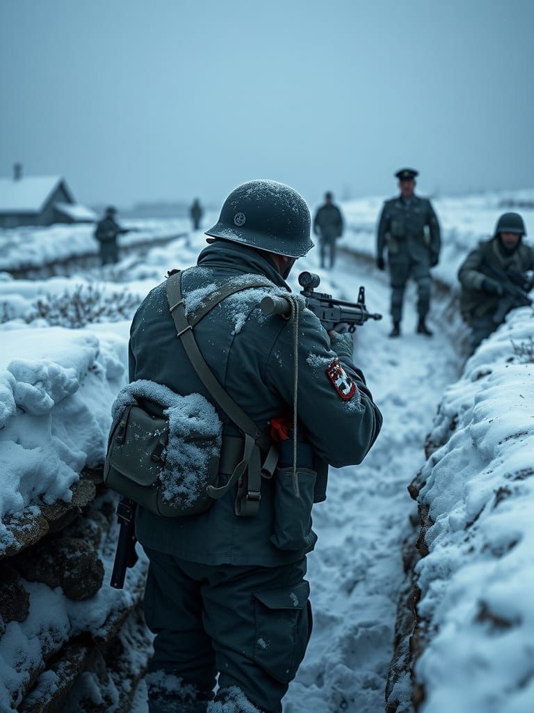 German Soldier in Snowy Trench Battlefield
