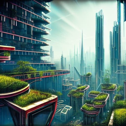 Overgrown Cyberpunk Cityscape: Hyperdetailed Arcology View