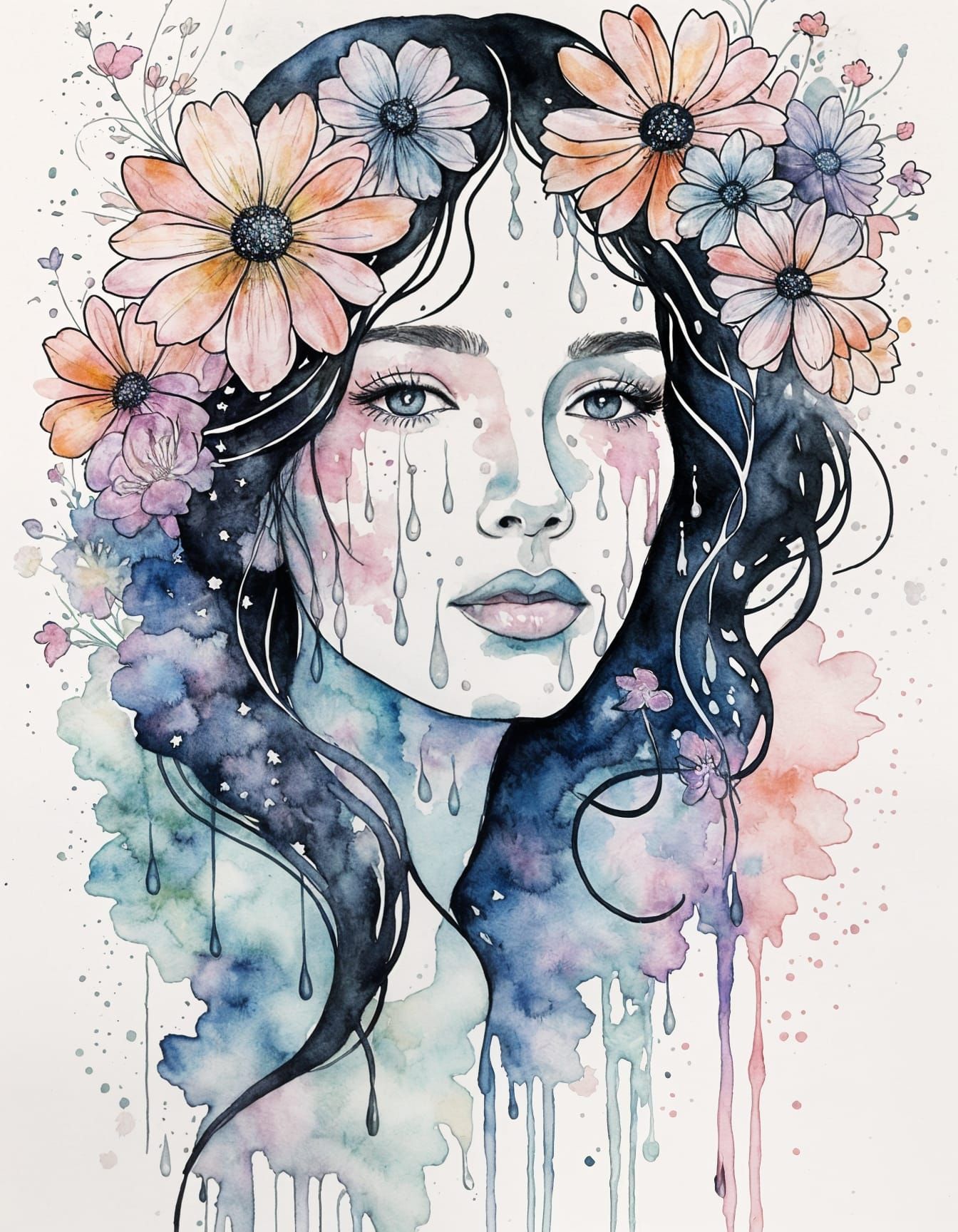 Woman Outline with Watercolor and Art Nouveau Flowers