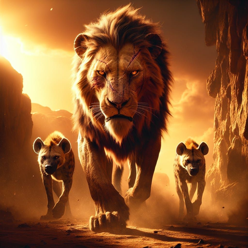 Scarred Lion in a Cinematic Landscape