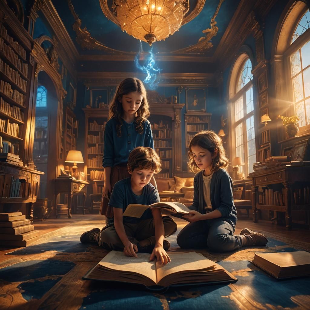 Children Hide From Glowing Book in Dreamlike Painting