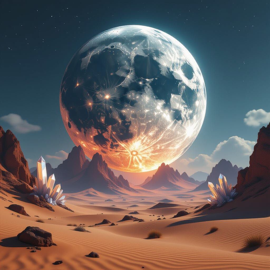 Ancient Glowing Moon Over Surreal Desert Landscape
