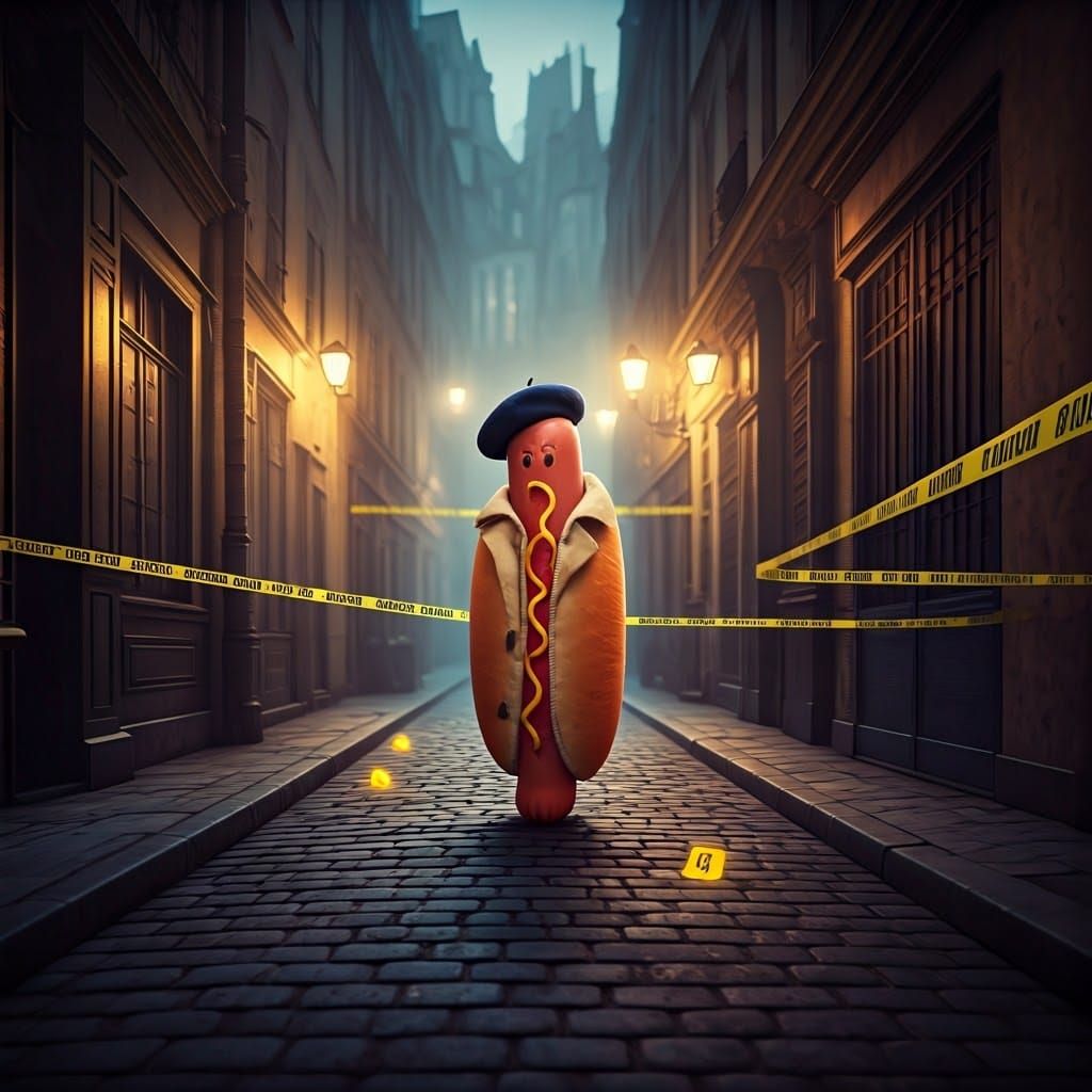 Whimsical Parisian Hot Dog Crime Scene in Mysterious Moonlig...