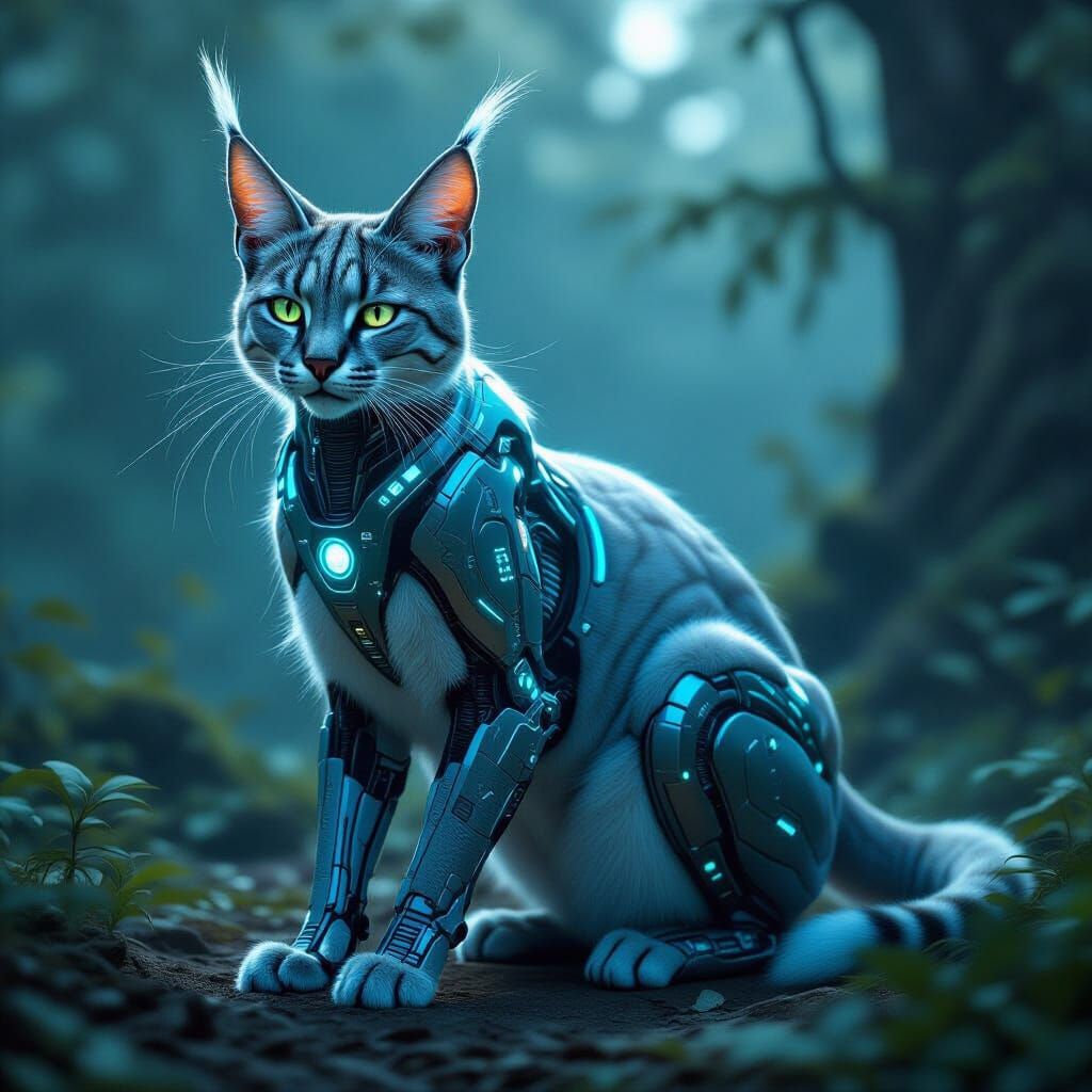 Bioluminescent Biomechanical Caracal in Cyberpunk Style