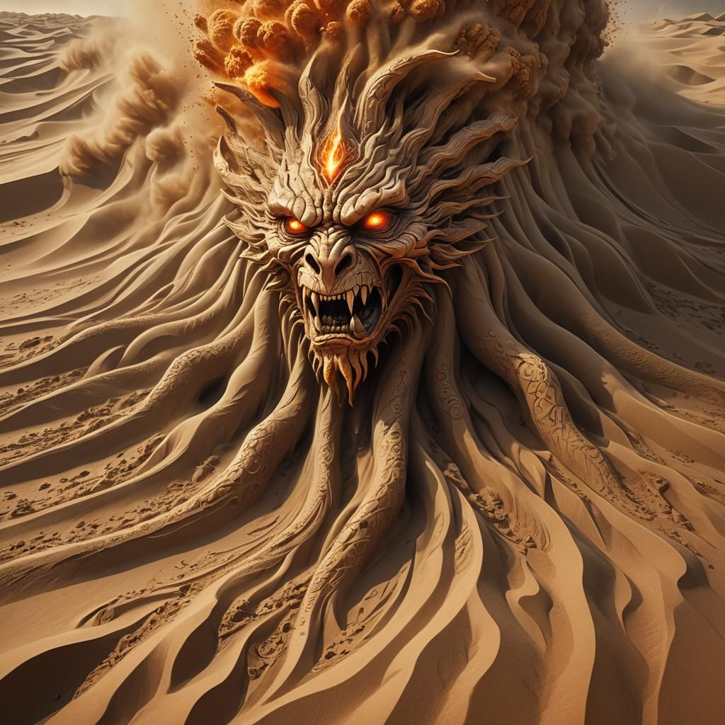 Sand Creature Emerges from Blazing Storm