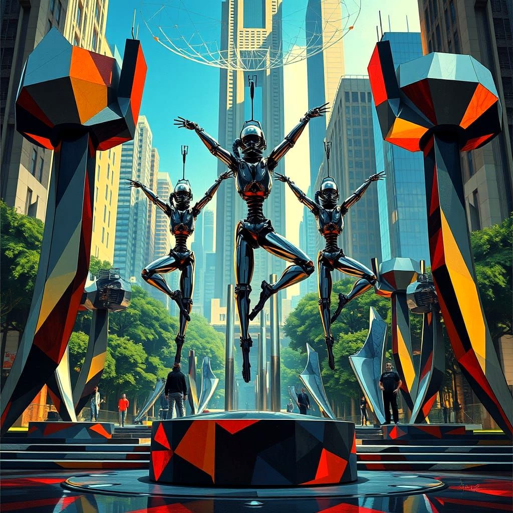 Cyberpunk Robotic Acrobats in City Park, Cubist Style