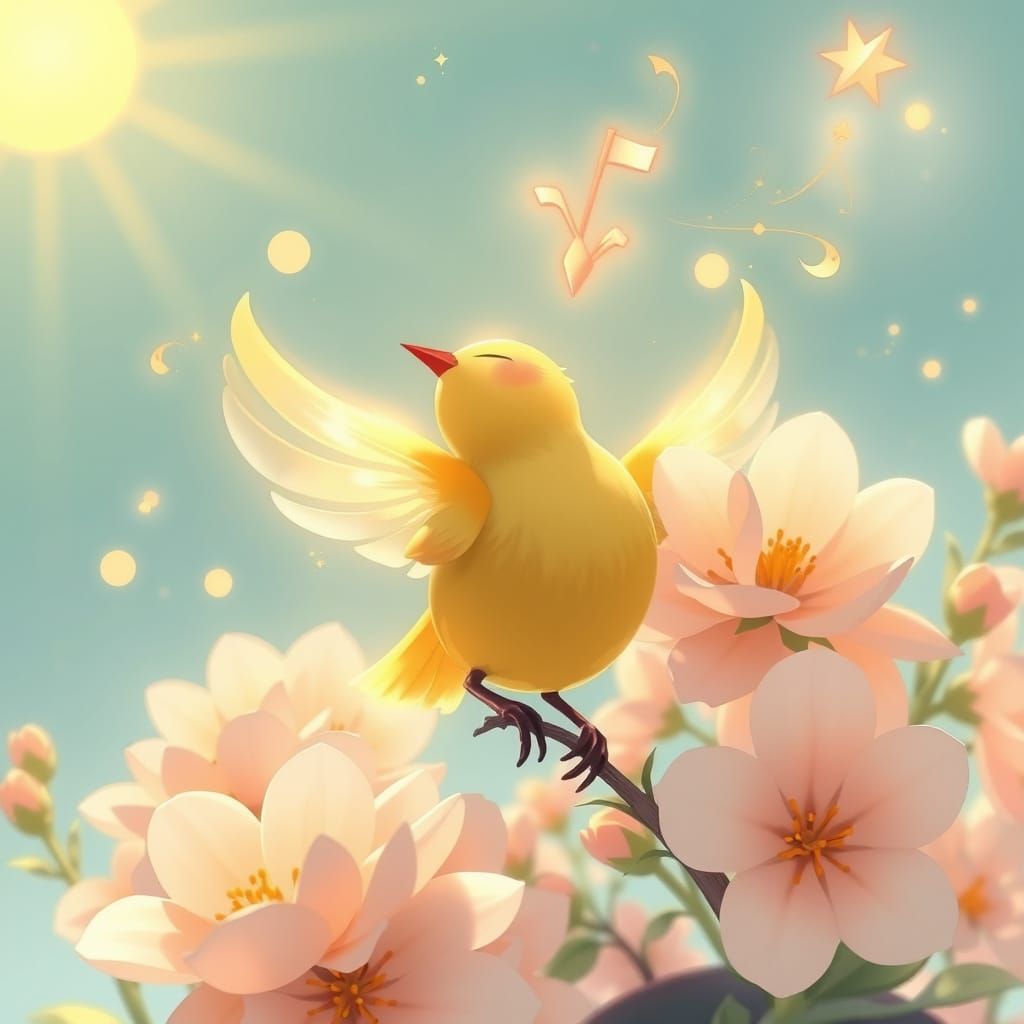 Magical Bird Sings in Anime Style with Pastel Flowers