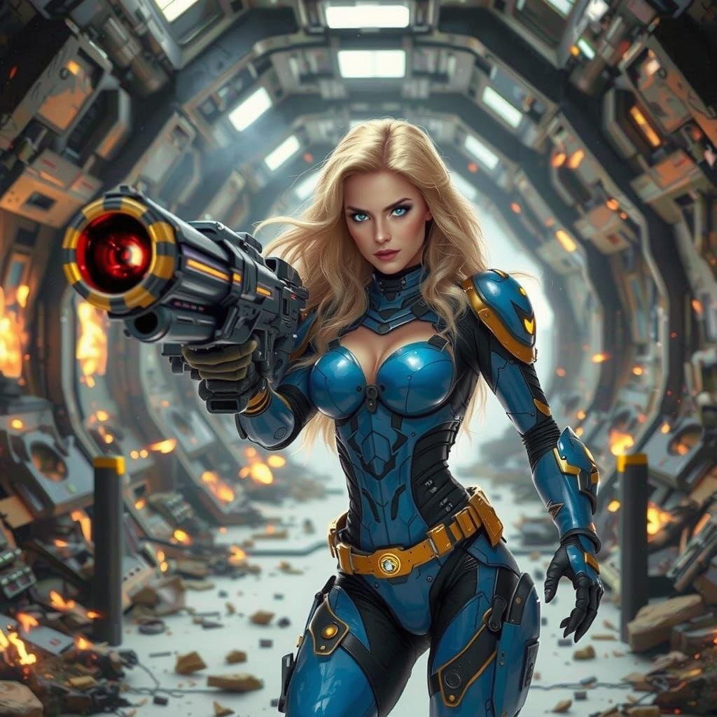 Armored Woman with Blaster in Futuristic Ruins