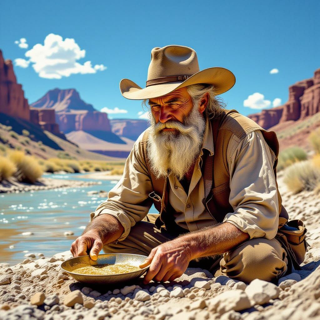 Old Prospector Panning for Gold in Arid Landscape