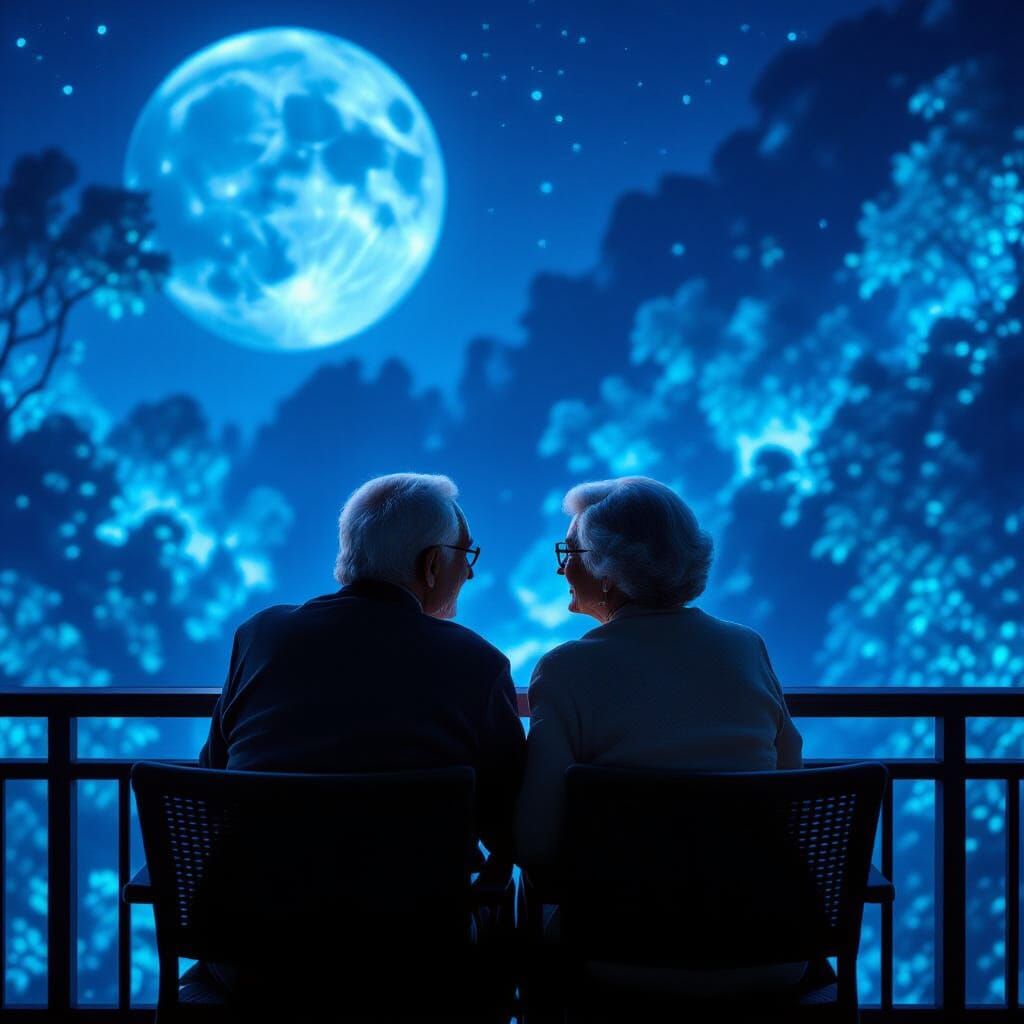 Elderly Couple Reminiscing on Alien Moon Balcony