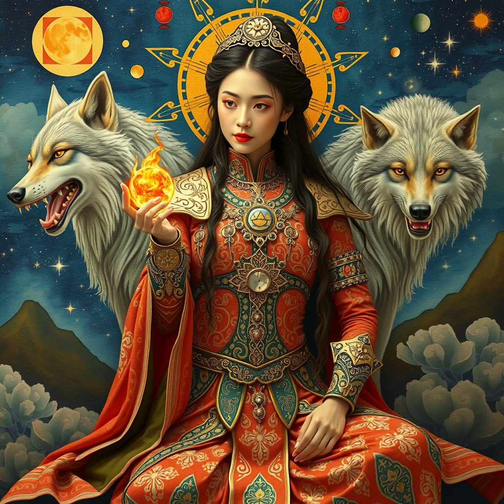 Magician Weaving Wolf Tapestry in Cosmic Visionary Style