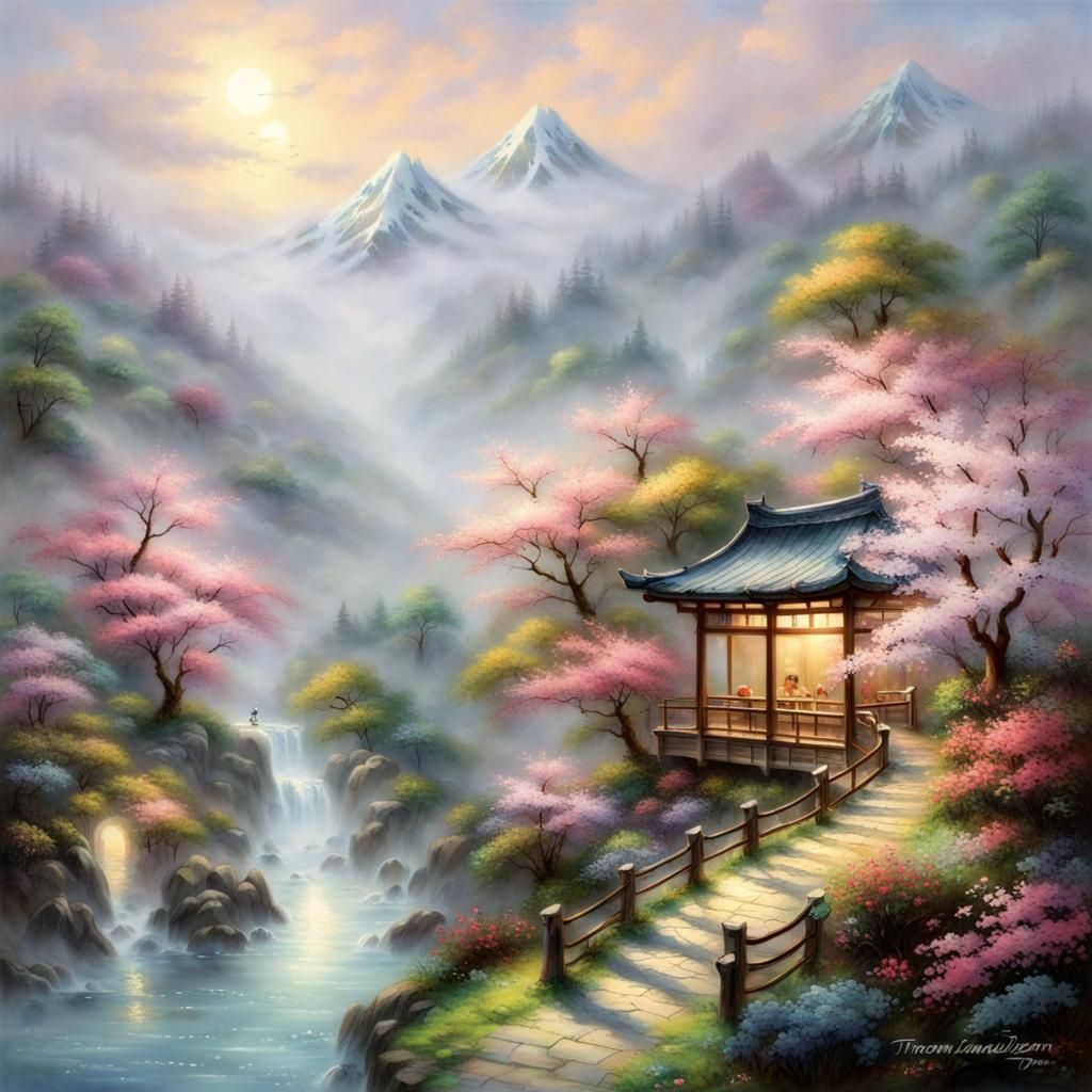 Ethereal Japanese Spring Scene in Kinkade Style