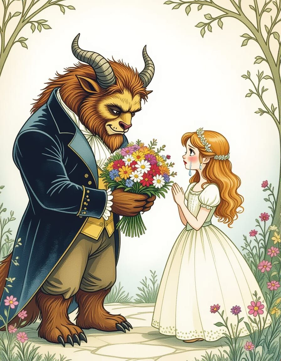 Whimsical Beast Offers Flowers: Fairy Tale Illustration