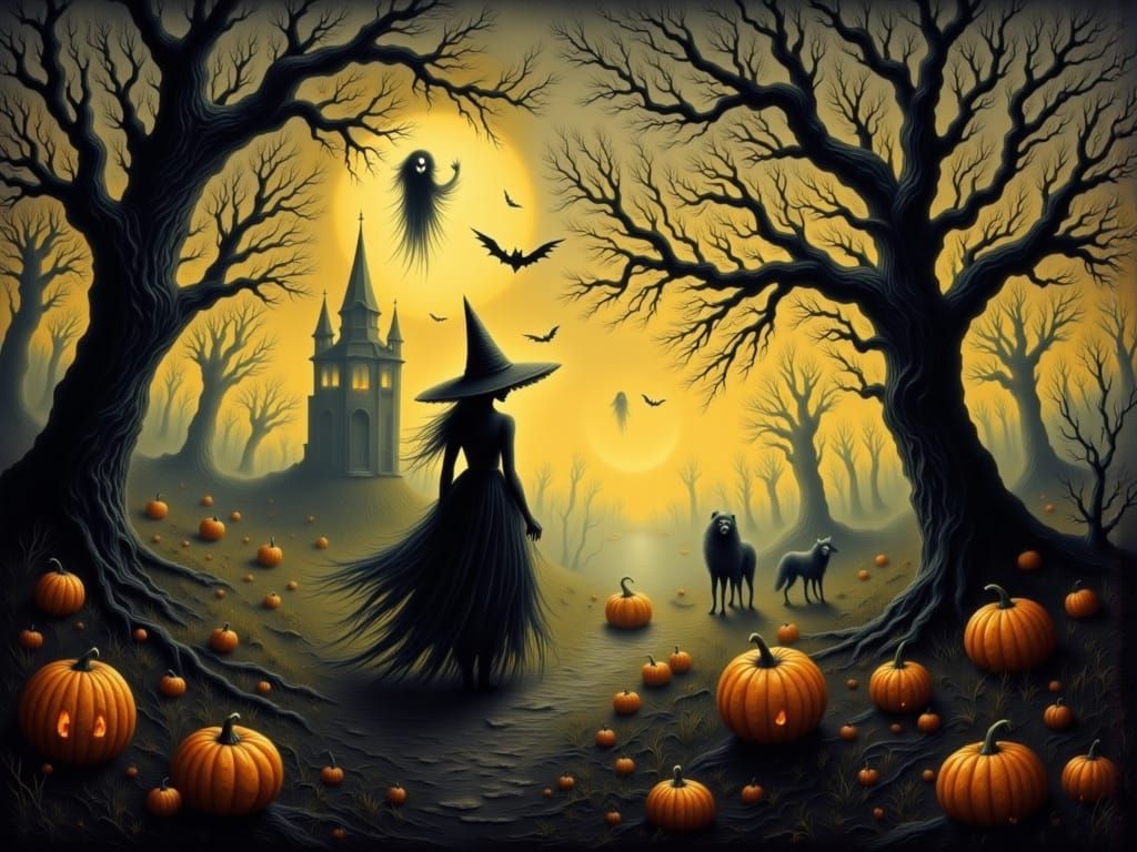 Eerie Halloween Landscape with Witch and Wolf