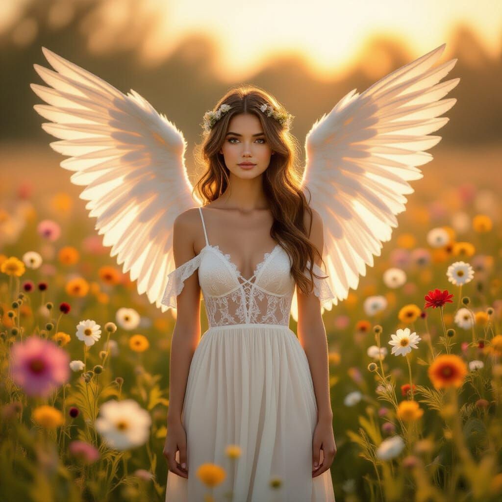 Serene Angelic Woman in Impressionistic Flower Field