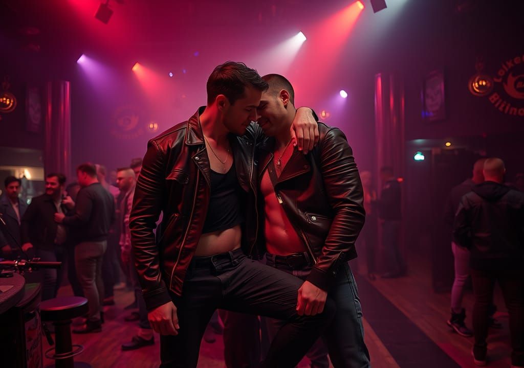 Gay Couple in Leather at Nightclub, Tom of Finland Style