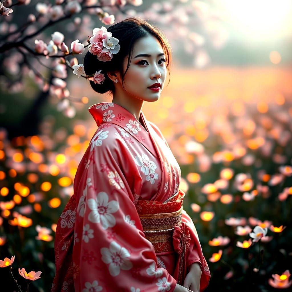 Serene Japanese Woman in Bioluminescent Flower Field