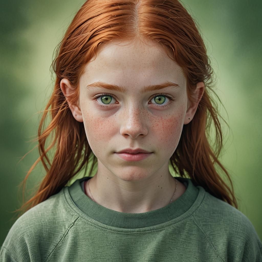 Realistic Portrait of a Red-Haired Girl with Grey Eyes
