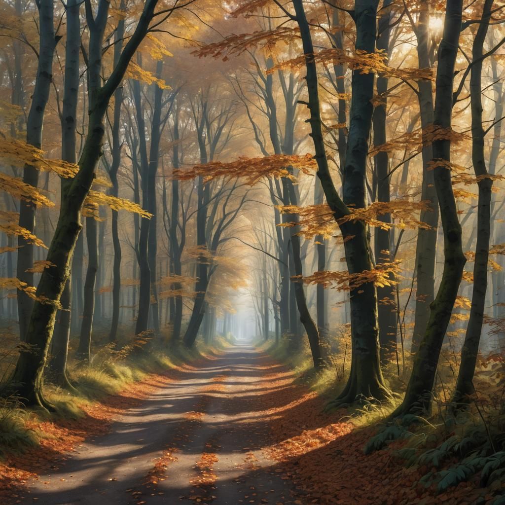 Autumn Forest Path with Jay in Sunlight