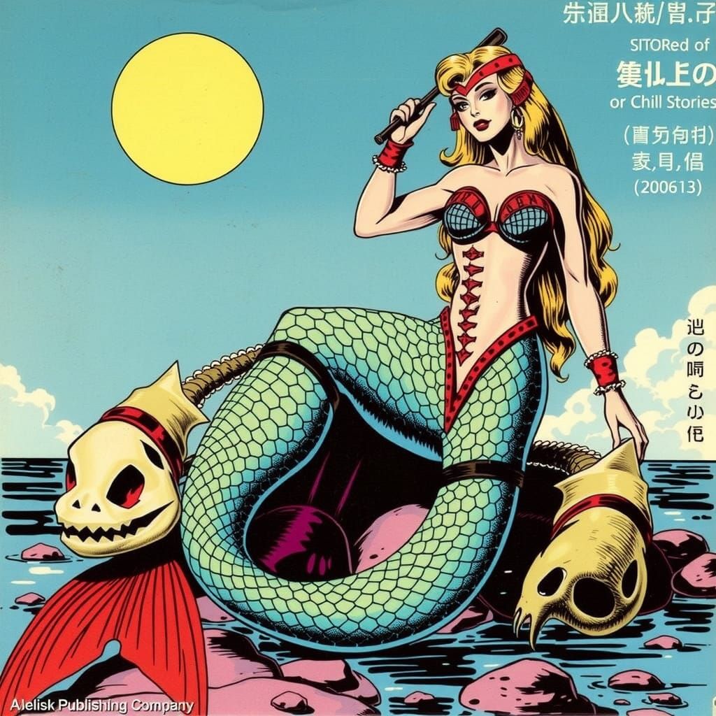 Glamorous Mermaid Combing Hair with Skeleton