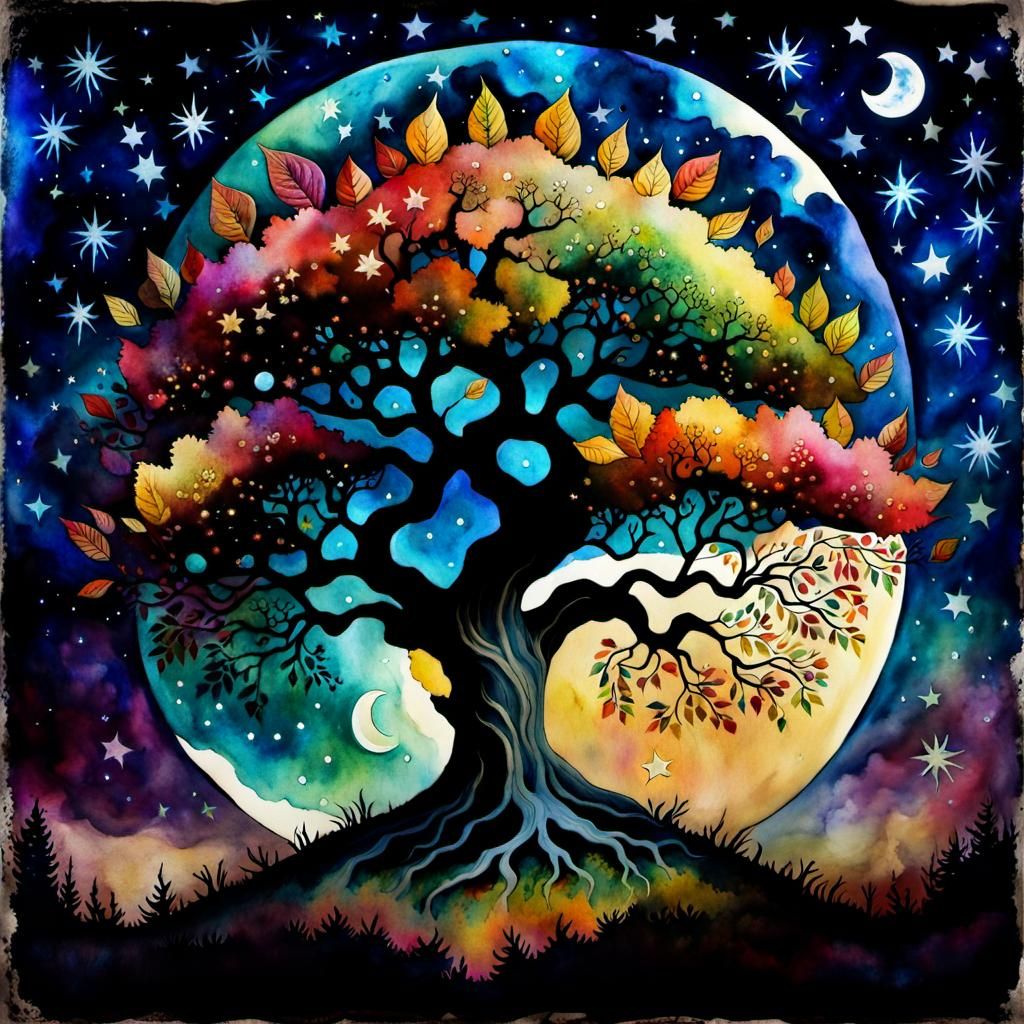 Celestial Autumn Tree in Surreal Watercolor Art