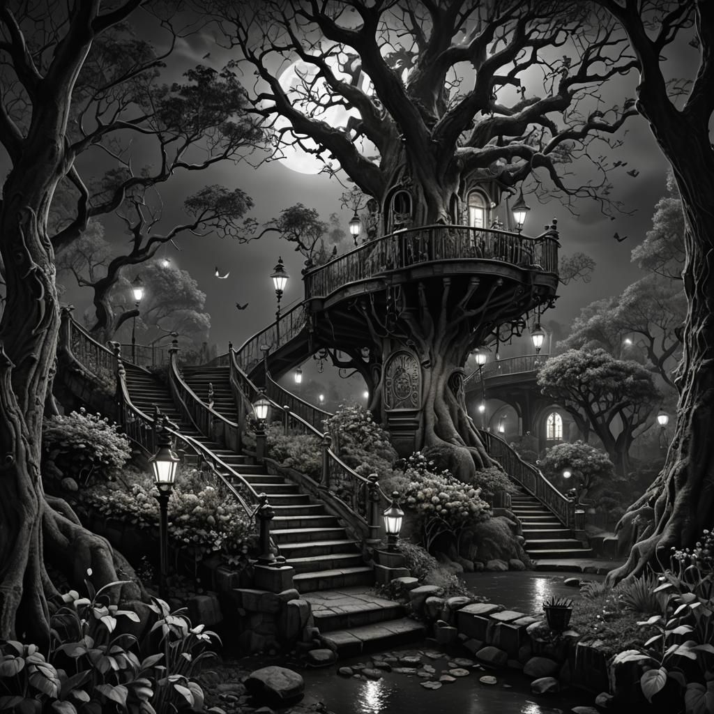 Enchanted Orchard: Dark Fantasy Landscape in Digital Art