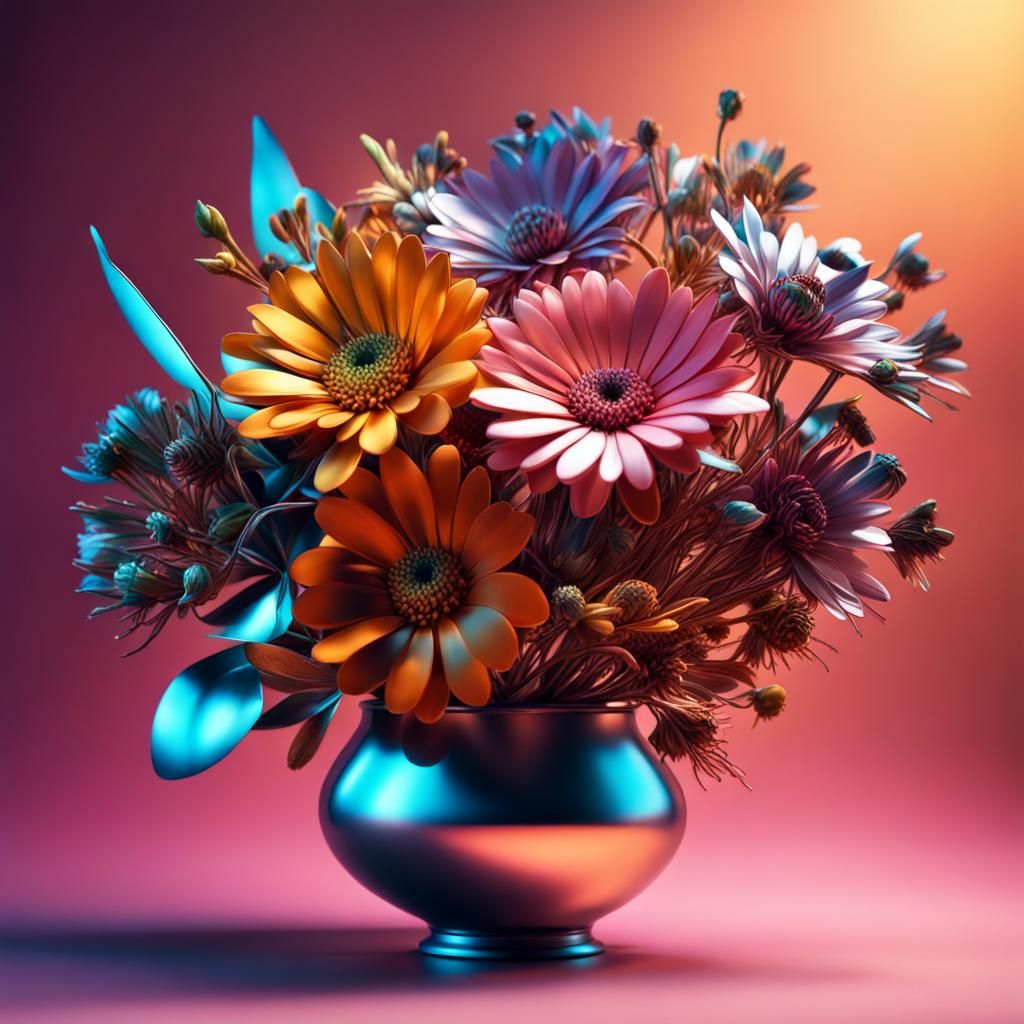 Hyperrealistic Metal Flowers in Splash Art Style