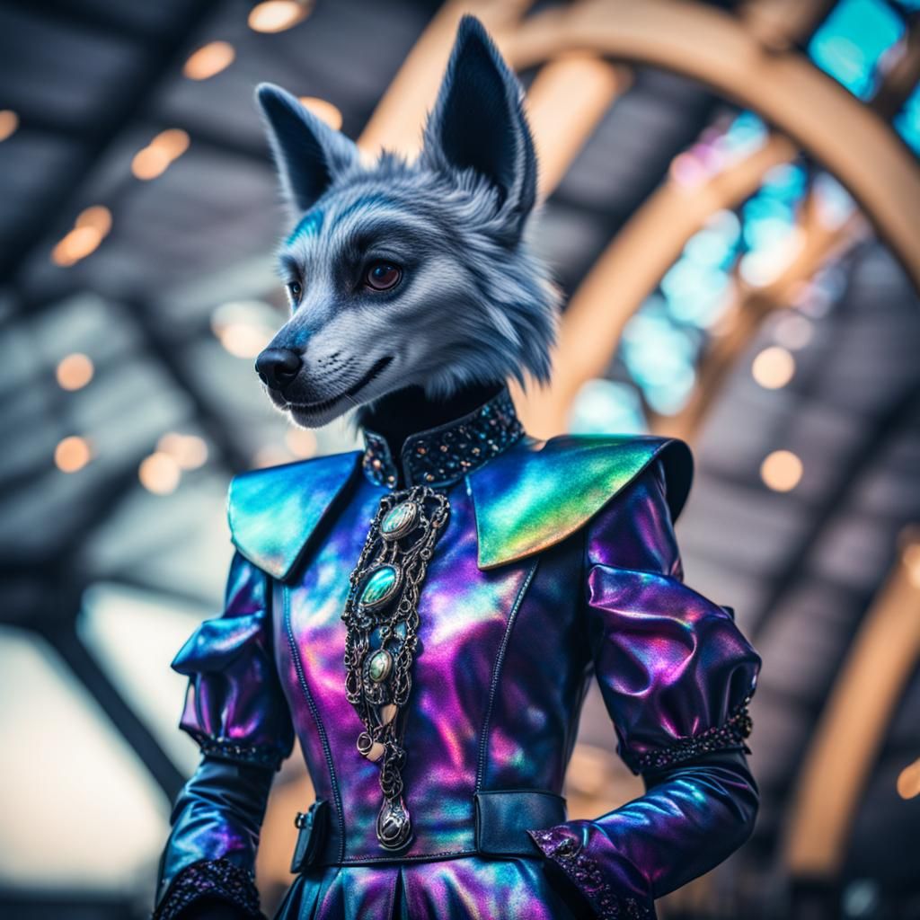 Fursuiter in Iridescent Dress, Hyperrealistic Detail