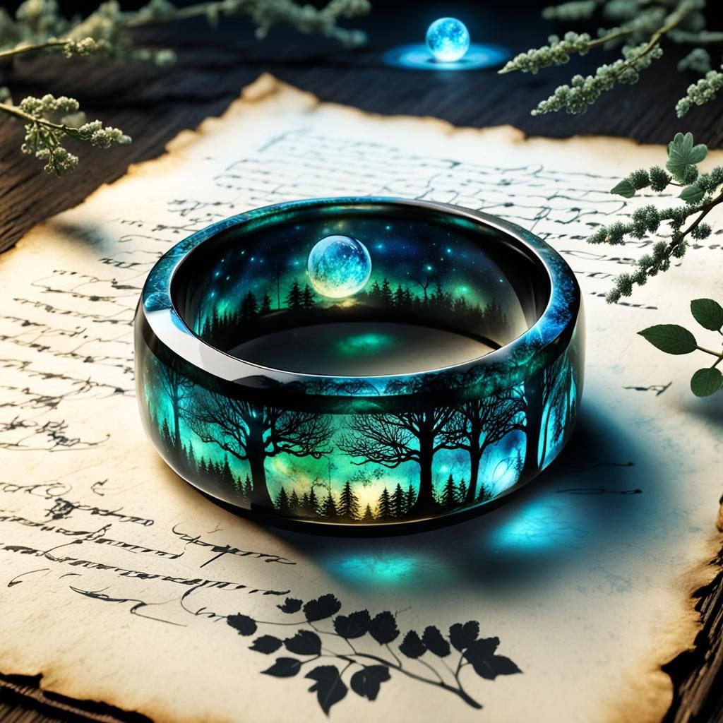 Luminescent Elven Ring on Parchment in Dark Forest
