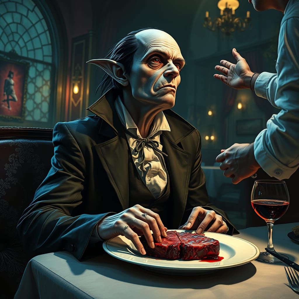 Hyperrealistic Nosferatu Vampire in Dimly Lit Restaurant