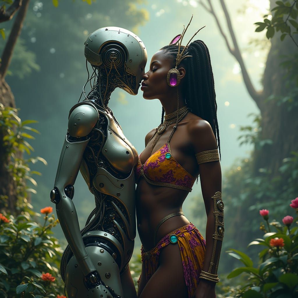Cyborg Goddess Kissing an African Queen in Enchanted Forest