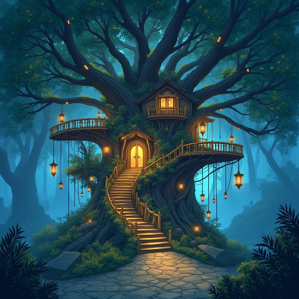 Ethereal Treehouse of Wonders in a Glowing, Ancient Forest