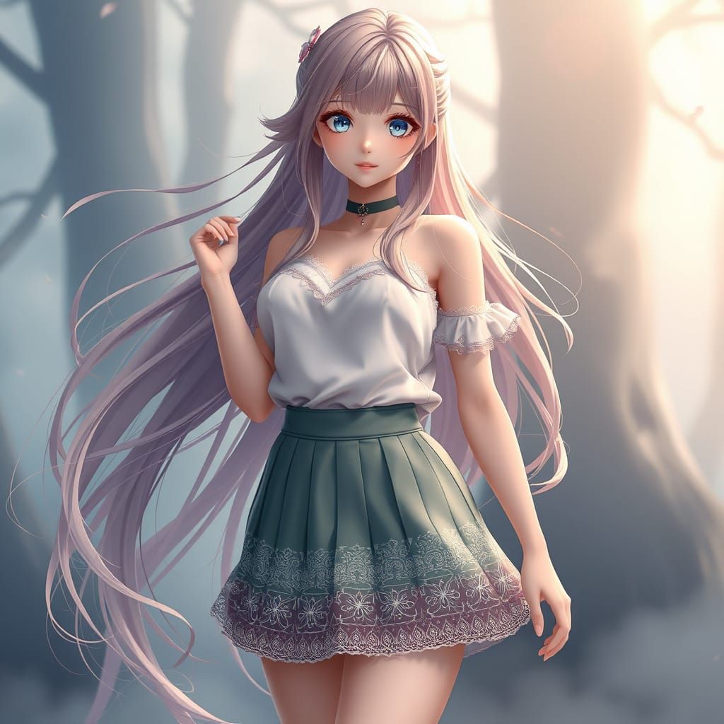Young Woman in Serene Fantasy Landscape with Hyper-Realistic...