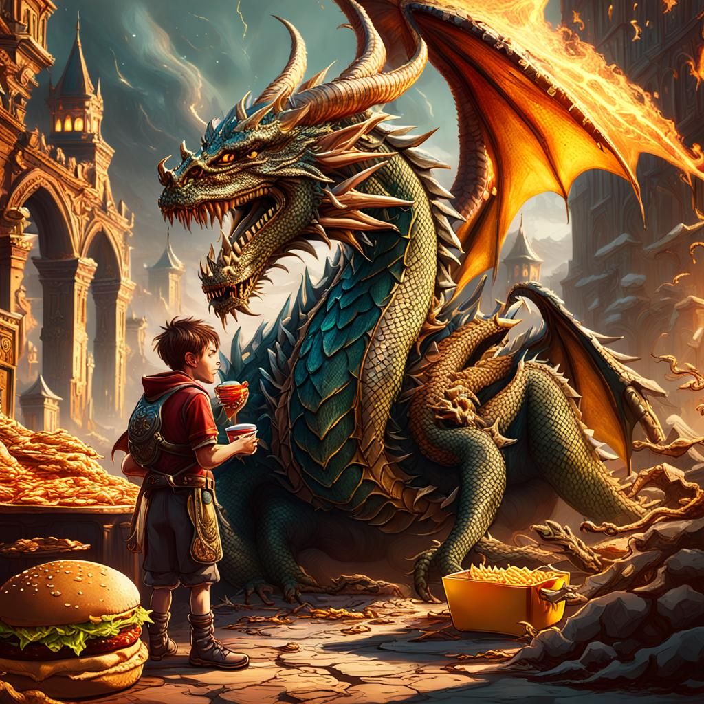 Dragon and Boy Enjoying McDonald's: Fantasy Art