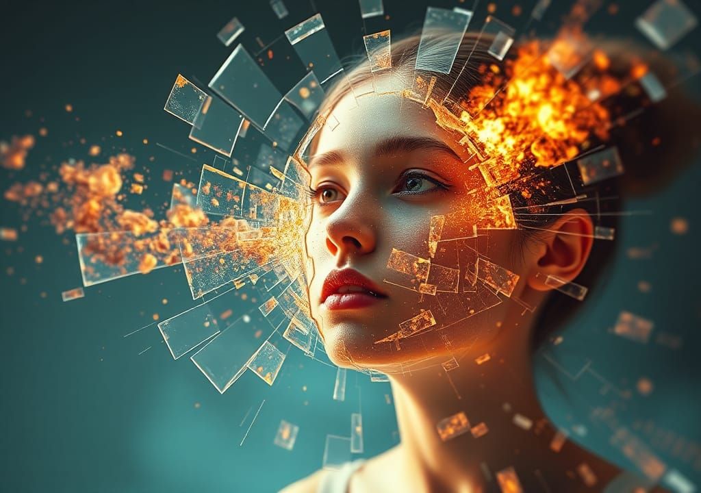 Fractured Glass Girl: Explosive Digital Art