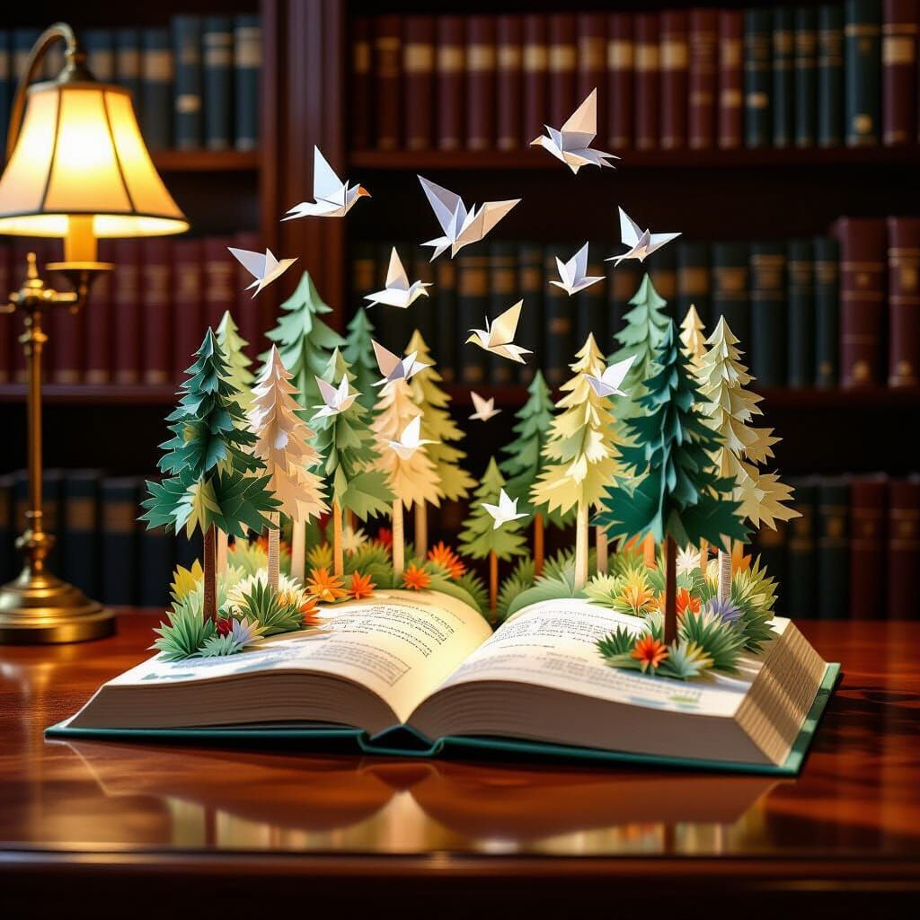 Whimsical Pop-Up Book Forest with Origami Eagles