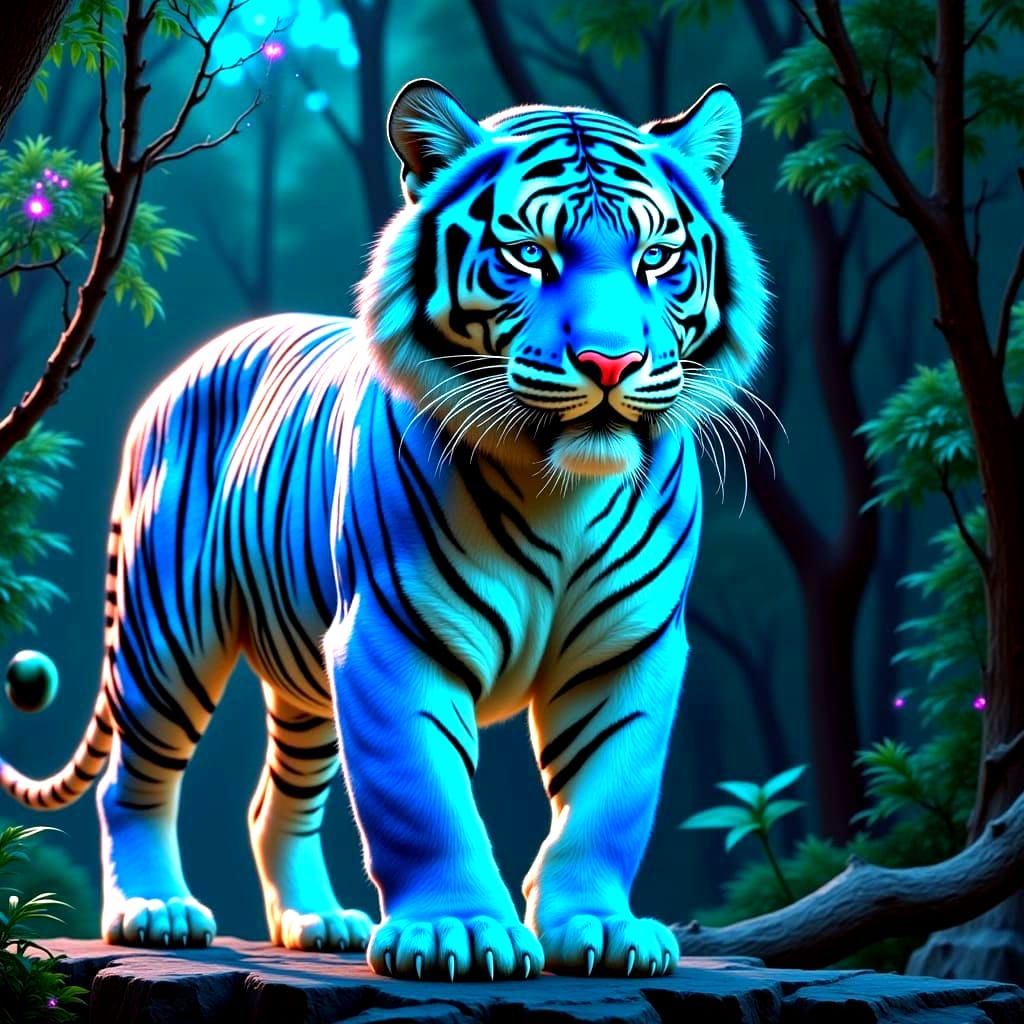 Majestic Blue Tiger in Mystical Dark Forest