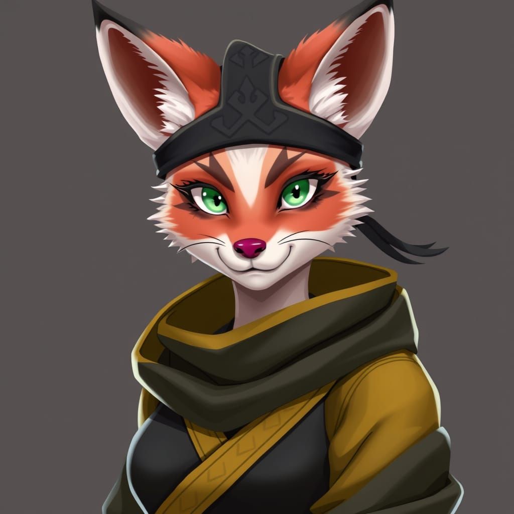 Female Fox Ninja with Green Eyes and Pink Nose