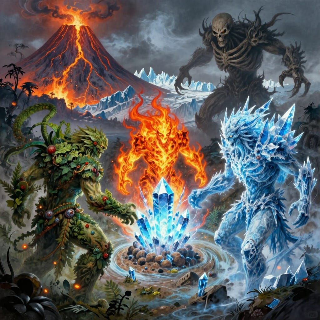Elemental Beings Forge Earth Crystal Amidst Fiery Jungle and...